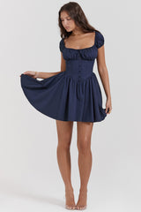 french navy gathered mini dress
