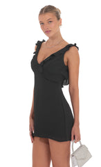 Ruffle V-Neck Dress in Black
