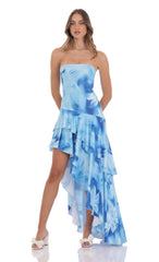 Floral Strapless Ruffle Asymmetrical Maxi Dress in Blue