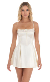 Satin Fit and Flare Dress in White