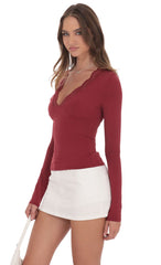 Lace V-Neck Top in Maroon