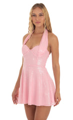 Sequin Halter Fit and Flare Dress in Pink