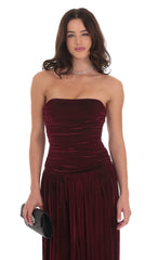 Velvet Ruched Drop Waist Maxi Dress in Wine