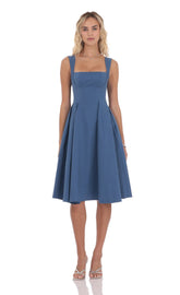Square Neck Flare Midi Dress in Denim Blue