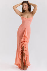 peach mesh ruffled front gown