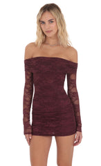 Off Shoulder Long Sleeve Lace Dress in Burgundy
