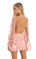 Lace Sequin Flare Sleve Dress in Coral
