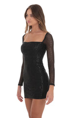 Sequin Square Neck Bodycon Dress in Black