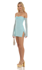 Mesh Off Shoulder Bodycon Dress in Blue
