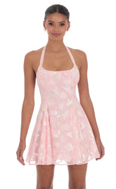 Floral Halter Open Back Dress in Pink