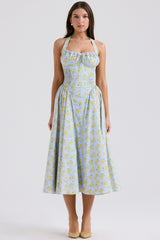 soft blue vintage floral print cotton halter sundress