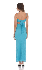 Lace Back Bow Maxi Dress in Aqua Blue
