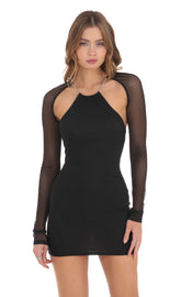 Cutout Rhinestone Mesh Dress in Black