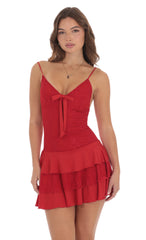 Lace Ruffle Bow Dress in Red