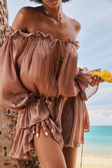 hazelnut off shoulder dress