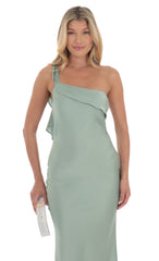 Satin One Shoulder Tassel Maxi Dress in Sage