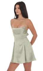 Satin Draped A-Line Dress in Sage