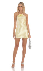 Satin Halter Rhinestone Dress in Yellow