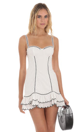 Black Thread Ruffle Dress in White