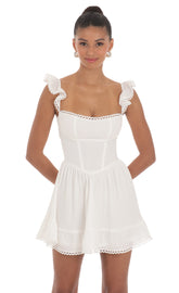 Embroidered Trim A-line Dress in White