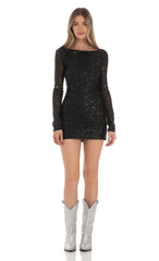 Sequin High Neck Open Back Dress in Black