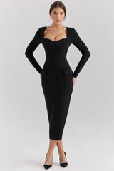 black stretch crepe long sleeve midi dress