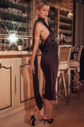 chocolate wrap neck midi dress