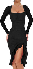 BORIFLORS Women's Sexy Ruched Bodycon Midi Dresses Elegant Mesh Long Sleeve Square Neck Ruffle Hem Cocktail Party Dress