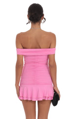 Off Shoulder Ruched Ruffle Dress in Pink