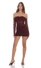 Lace Off Shoulder Bodycon Dress in Burgundy