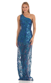 Sequin One Shoulder Maxi Dress in Blue