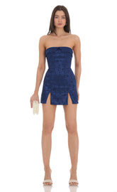 Strapless Jacquard Double Slit Dress in Navy