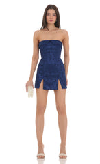 Strapless Jacquard Double Slit Dress in Navy