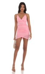 Shimmer Ruched Cross-Back Dress in Pink