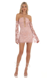 Lace Sequin Off Shoulder Dress in Dusty Rose