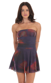 Mesh Print Fit and Flare Dress in Purple