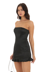 Satin Strapless Ruffle Dress in Black