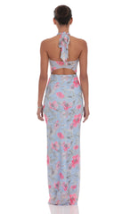 Floral Cutout Halter Maxi Dress in Blue