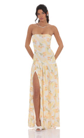 Floral Strapless Drop Waist Maxi Dress in Yellow