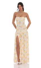 Floral Strapless Drop Waist Maxi Dress in Yellow