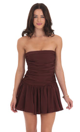 Strapless Ruched Flare Dress in Brown