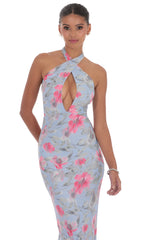 Floral Cutout Halter Maxi Dress in Blue
