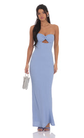Textured Strapless Cutout Maxi Dress in Light Blue