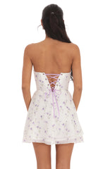 Floral Sheen Strapless A-line Dress in White