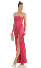 Satin Pleated Strapless Maxi Dress in Cherry