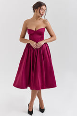 burgundy satin tulle midi dress