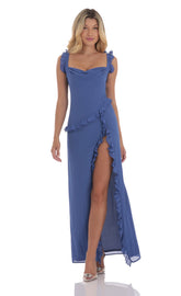 Chiffon Ruffle Dress in Slate Blue
