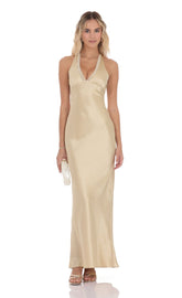 Satin Lace Trim Maxi Dress in Champagne