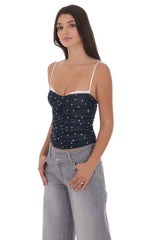 Ruched Polka Dot Mesh Top in Navy