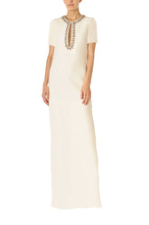 Jeweled Neck Caftan Silk White